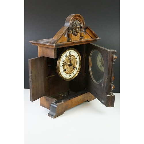 140 - Early 20th century Walnut Mantle Clock, 8 day, the white enamel and gilt face with Arabic numerals, ... 