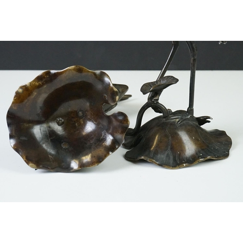 142 - Pair of 19th century bronze groups of a crane standing on a lily pad with a turtle, repaired, approx... 