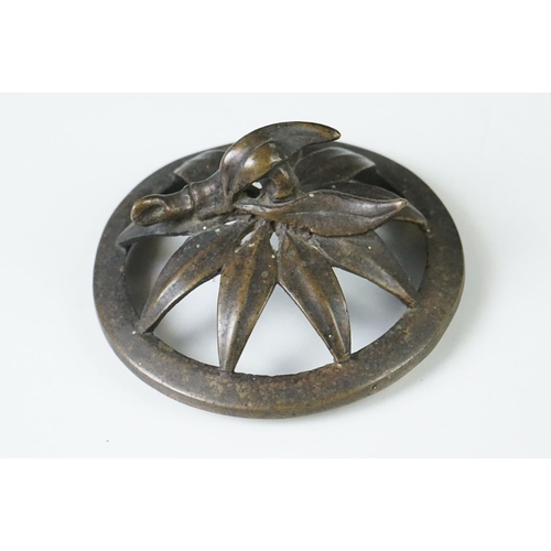 146 - Chinese bronze koro and cover with raised leaf decoration, on four feet