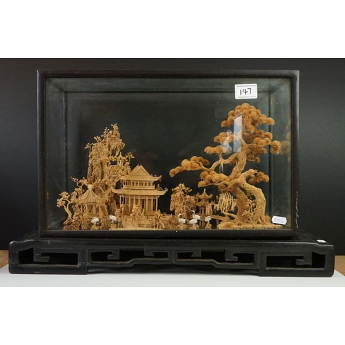 147 - Chinese Cork Diorama of Herons stood amongst Trees and Pagodas, contained in a black lacquered glaze... 