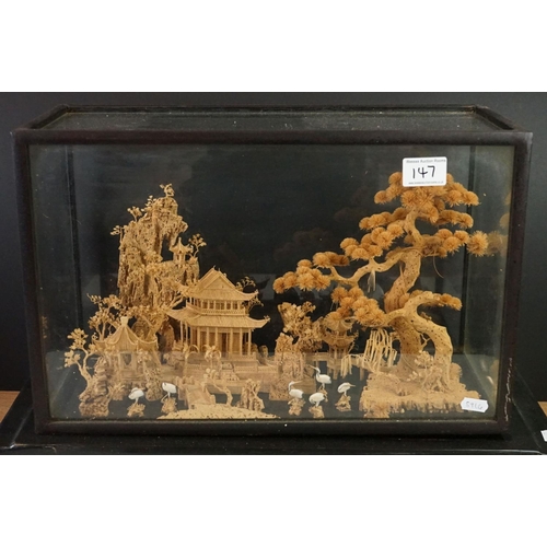 147 - Chinese Cork Diorama of Herons stood amongst Trees and Pagodas, contained in a black lacquered glaze... 
