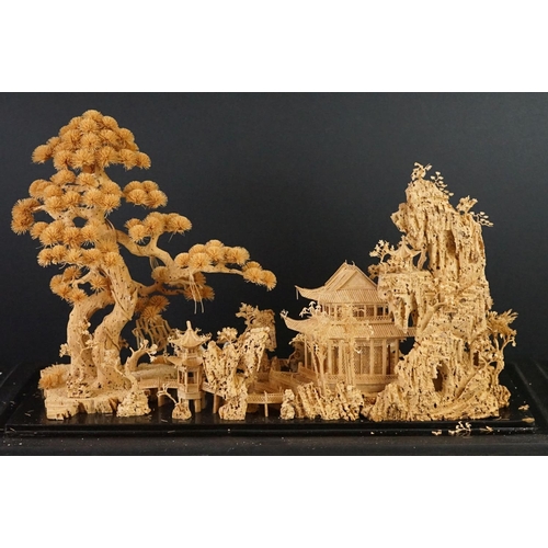 147 - Chinese Cork Diorama of Herons stood amongst Trees and Pagodas, contained in a black lacquered glaze... 