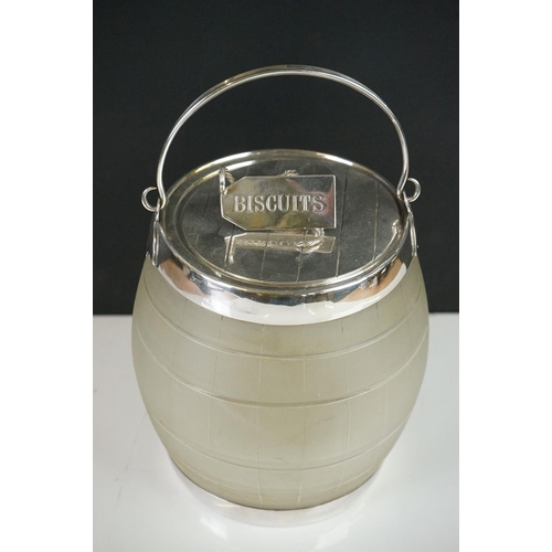 151 - Early 20th century Frosted Glass and Silver Plated Biscuit Barrel, the lid with a finial in the form... 