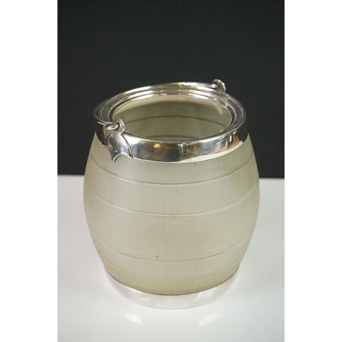 151 - Early 20th century Frosted Glass and Silver Plated Biscuit Barrel, the lid with a finial in the form... 