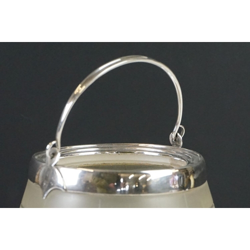 151 - Early 20th century Frosted Glass and Silver Plated Biscuit Barrel, the lid with a finial in the form... 