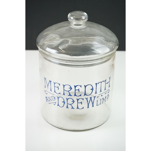 155 - Advertising - Shop Display Glass Jar and Lid marked ' Meredith and Drew Limited ' 27cm high together... 