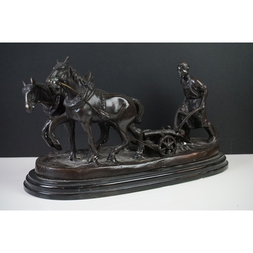 156 - Bronze Figure Group of a Farmer ploughing with Two Horses on marble socle base, 40cm long