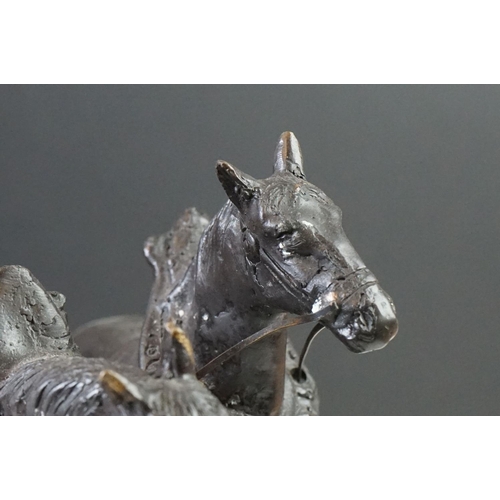 156 - Bronze Figure Group of a Farmer ploughing with Two Horses on marble socle base, 40cm long