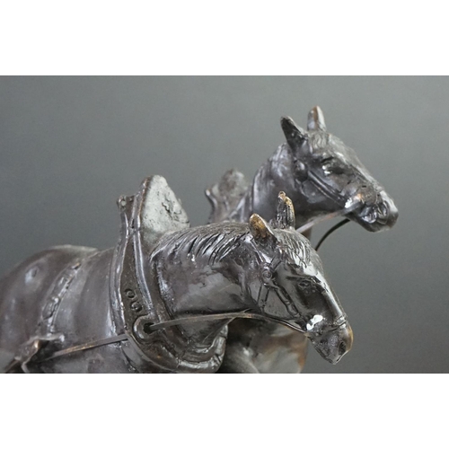 156 - Bronze Figure Group of a Farmer ploughing with Two Horses on marble socle base, 40cm long