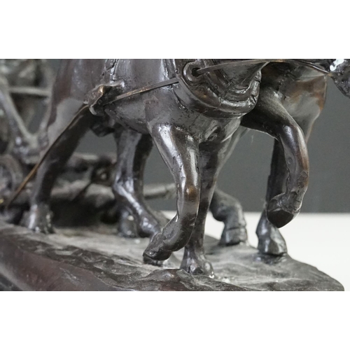 156 - Bronze Figure Group of a Farmer ploughing with Two Horses on marble socle base, 40cm long