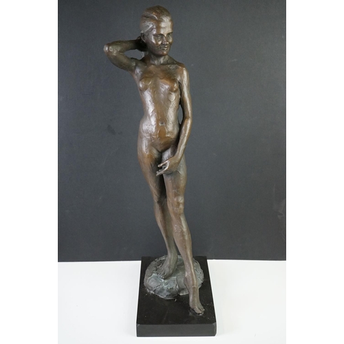 165 - Enzo Plazzotta (1921-1981) Bronze Figure of a Naked Woman on a Polished Slate Base, signed with typi... 