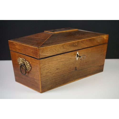 167 - Regency Rosewood and Boxwood Inlaid Tea Caddy of sarcophagus form, the hinged lid opening to two lid... 