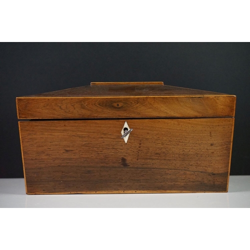 167 - Regency Rosewood and Boxwood Inlaid Tea Caddy of sarcophagus form, the hinged lid opening to two lid... 