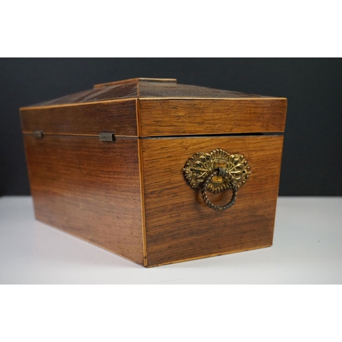 167 - Regency Rosewood and Boxwood Inlaid Tea Caddy of sarcophagus form, the hinged lid opening to two lid... 