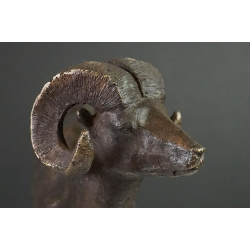 169 - Bronze Mouflon standing on a Rocky Promontory, mounted on a stone base, signed ' Teran 1999 ' for Ju... 