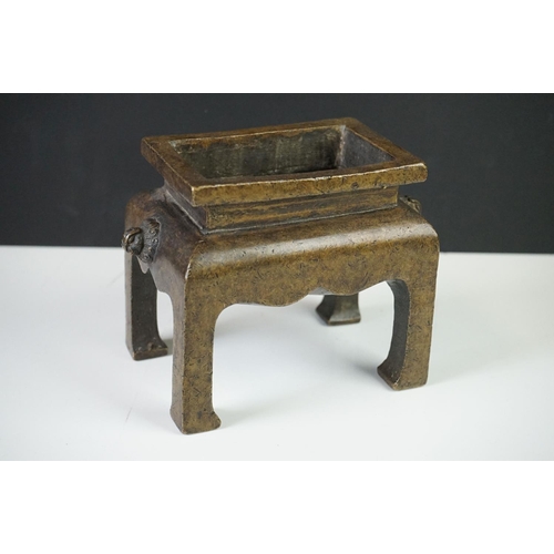172 - Chinese Bronze Fang Ding Censer of rectangular form, Xuande character marks to base, 15cm wide x 12c... 