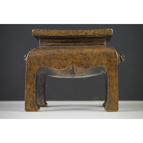 172 - Chinese Bronze Fang Ding Censer of rectangular form, Xuande character marks to base, 15cm wide x 12c... 