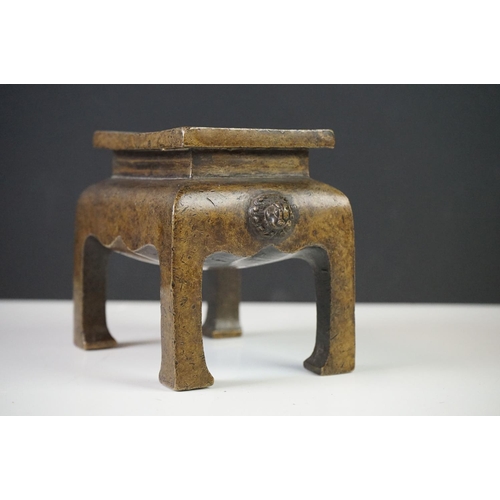 172 - Chinese Bronze Fang Ding Censer of rectangular form, Xuande character marks to base, 15cm wide x 12c... 