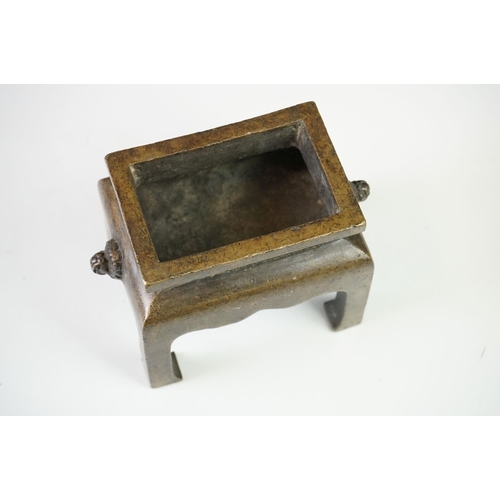 172 - Chinese Bronze Fang Ding Censer of rectangular form, Xuande character marks to base, 15cm wide x 12c... 