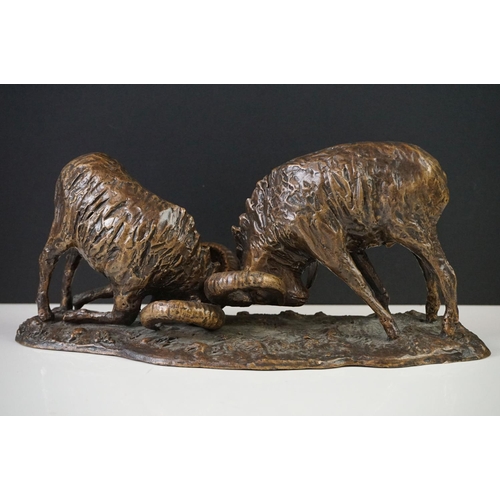 176 - Bronze Figure of Two Male Ibex locking horns, signed ' Hlina ' for Ladislav Hlina, 13cm high x 32cm ... 