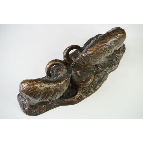 176 - Bronze Figure of Two Male Ibex locking horns, signed ' Hlina ' for Ladislav Hlina, 13cm high x 32cm ... 