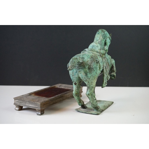 181 - Verdigris Bronze  Figure of a Chinese Tang Horse fitted onto a wooden plinth base, 26cm high togethe... 