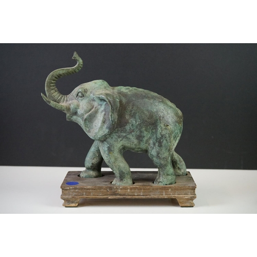 181 - Verdigris Bronze  Figure of a Chinese Tang Horse fitted onto a wooden plinth base, 26cm high togethe... 