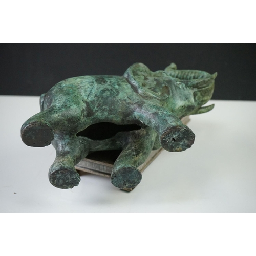 181 - Verdigris Bronze  Figure of a Chinese Tang Horse fitted onto a wooden plinth base, 26cm high togethe... 