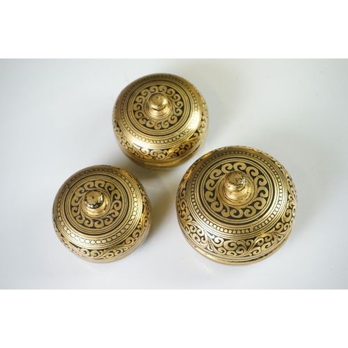 182 - Six Asian Gilt and Black Lacquered Papier Mache Lidded Boxes, largest 13cm diameter