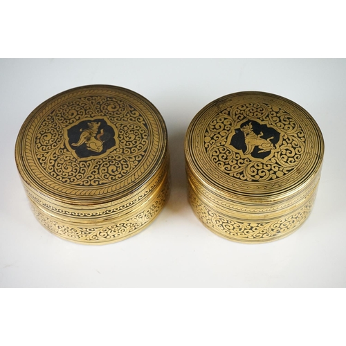 182 - Six Asian Gilt and Black Lacquered Papier Mache Lidded Boxes, largest 13cm diameter