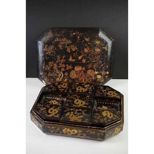 187 - Japanese Black Lacquered Jewellery or Trinket Box with chinoiserie decoration, the lift off lid open... 