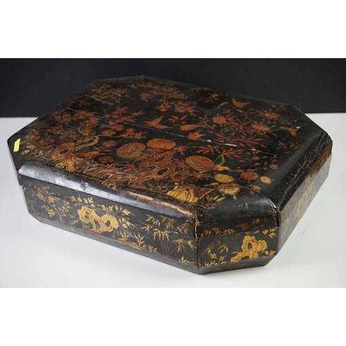 187 - Japanese Black Lacquered Jewellery or Trinket Box with chinoiserie decoration, the lift off lid open... 