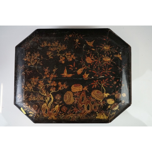 187 - Japanese Black Lacquered Jewellery or Trinket Box with chinoiserie decoration, the lift off lid open... 