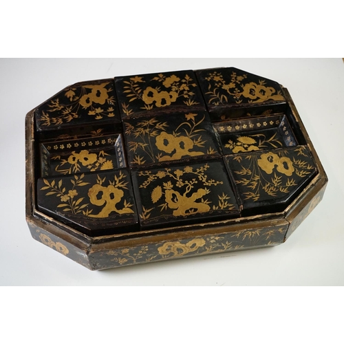 187 - Japanese Black Lacquered Jewellery or Trinket Box with chinoiserie decoration, the lift off lid open... 