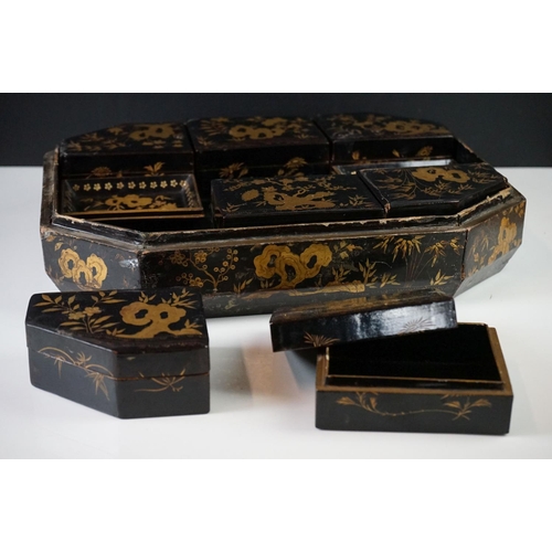 187 - Japanese Black Lacquered Jewellery or Trinket Box with chinoiserie decoration, the lift off lid open... 