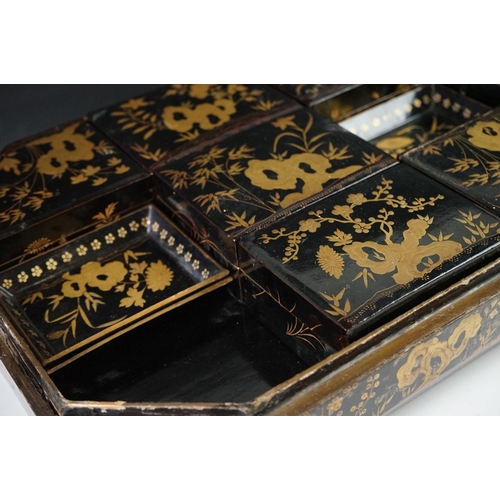 187 - Japanese Black Lacquered Jewellery or Trinket Box with chinoiserie decoration, the lift off lid open... 