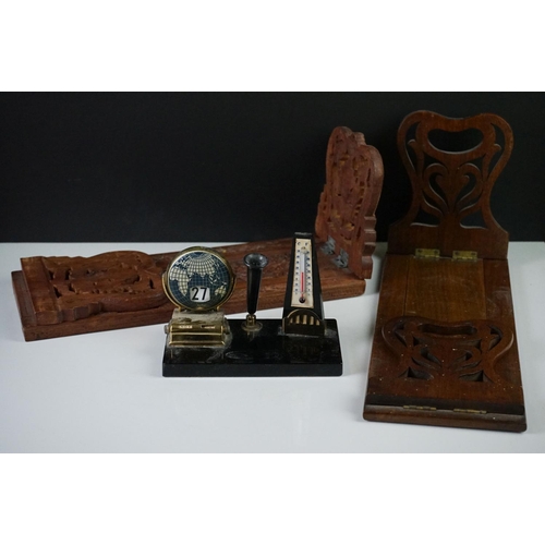 190 - Two wooden sliding book shelves together with a calendar / thermometer desk tidy.