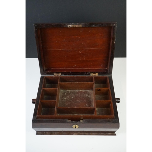 201 - 19th century Rosewood Jewellery Box with twin turned handles, the hinged lid opening to a lift out s... 