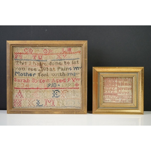 208 - 18th century alphabet sampler by Sarah Bygott, aged 9 years and dated 1798, approx. 18cm x 20cm, tog... 