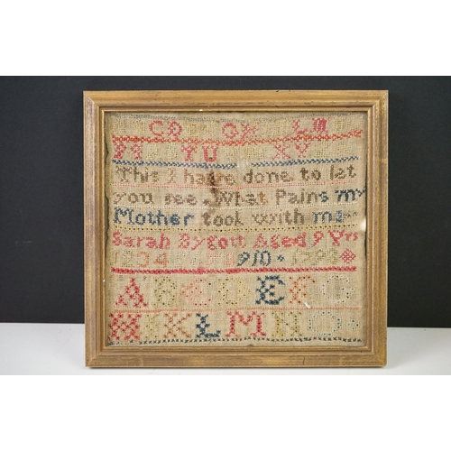 208 - 18th century alphabet sampler by Sarah Bygott, aged 9 years and dated 1798, approx. 18cm x 20cm, tog... 