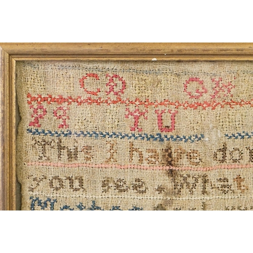 208 - 18th century alphabet sampler by Sarah Bygott, aged 9 years and dated 1798, approx. 18cm x 20cm, tog... 