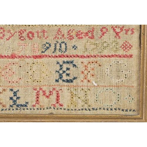 208 - 18th century alphabet sampler by Sarah Bygott, aged 9 years and dated 1798, approx. 18cm x 20cm, tog... 