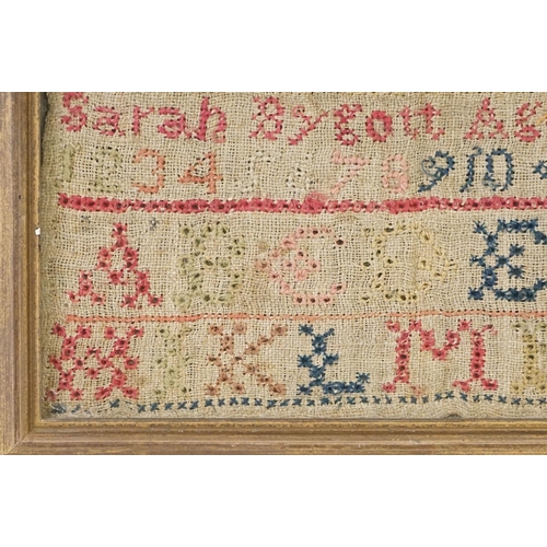 208 - 18th century alphabet sampler by Sarah Bygott, aged 9 years and dated 1798, approx. 18cm x 20cm, tog... 