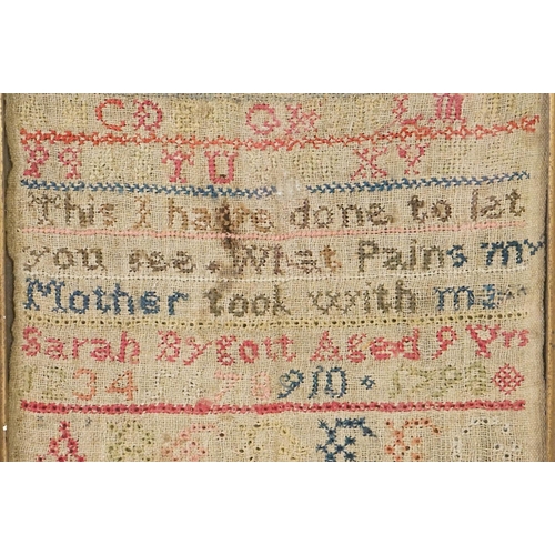 208 - 18th century alphabet sampler by Sarah Bygott, aged 9 years and dated 1798, approx. 18cm x 20cm, tog... 