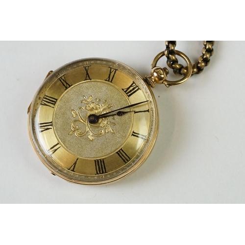 236 - A yellow metal cased fob watch with golden coloured dial and chain.