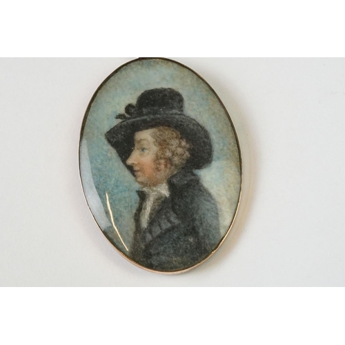 238 - 19th century Miniature Oval Portrait Mourning Brooch Pendant depicting a Gentleman in a Hat, contain... 