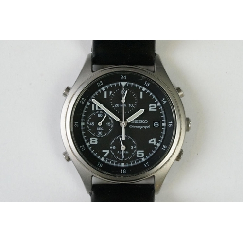 240 - A military style Seiko 7T32-7E70 chronograph wristwatch with leather strap.