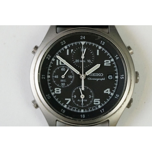 240 - A military style Seiko 7T32-7E70 chronograph wristwatch with leather strap.