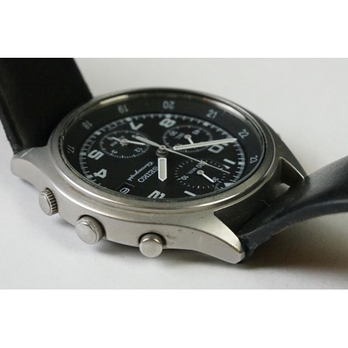 240 - A military style Seiko 7T32-7E70 chronograph wristwatch with leather strap.