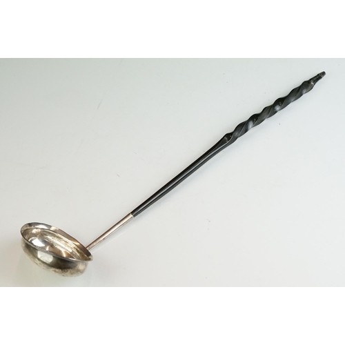 245 - Georgian silver toddy ladle, unmarked, the bowl enscribed ' DEK, ' with twisted handle